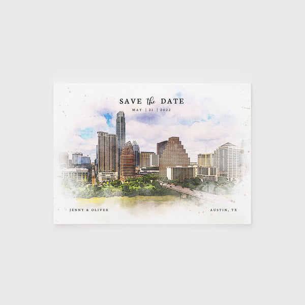 Loblolly Creative 825 - Arts & Entertainment > Party & Celebration > Party Supplies > Invitations Austin Skyline Watercolor Wedding Save the Date