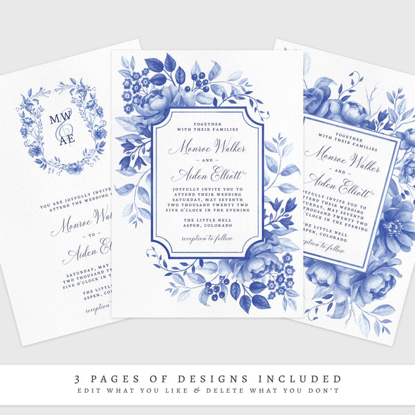 Loblolly Creative 825 - Arts & Entertainment > Party & Celebration > Party Supplies > Invitations Blue Floral Chinoiserie Wedding Invitation Template