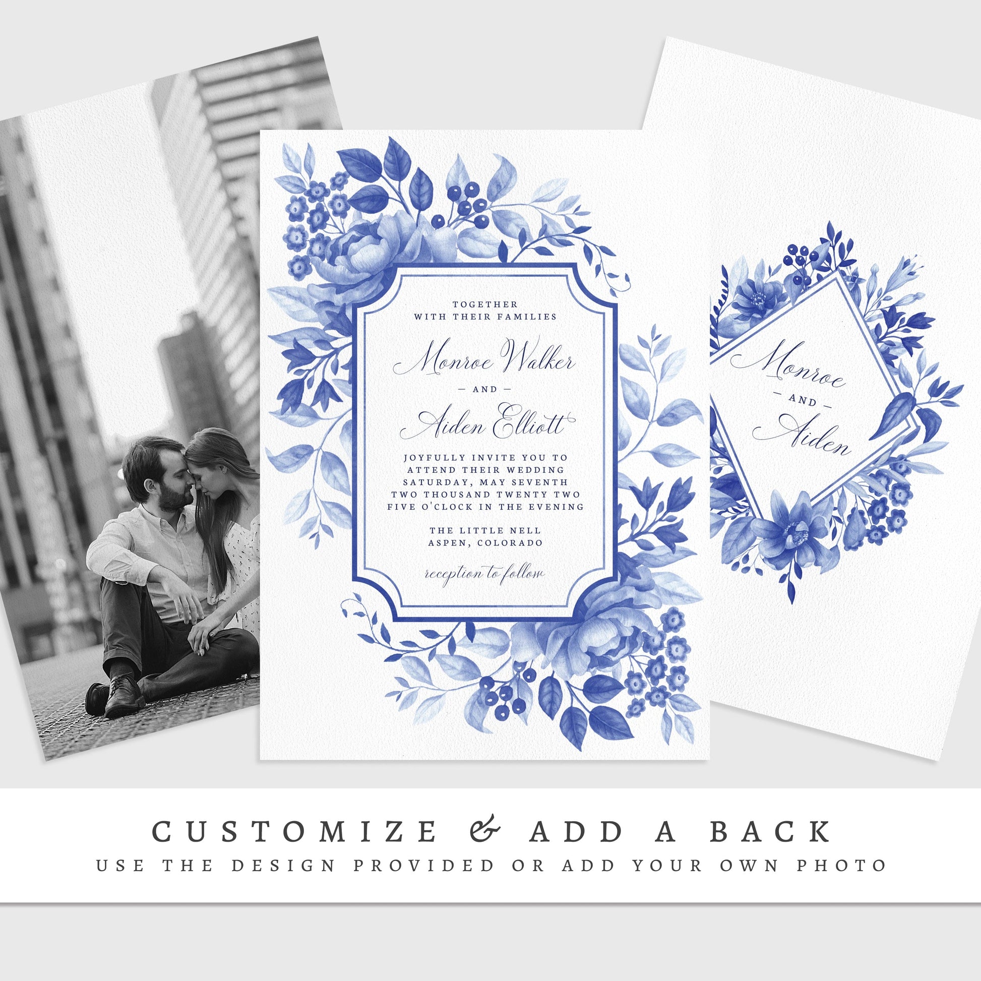 Loblolly Creative 825 - Arts & Entertainment > Party & Celebration > Party Supplies > Invitations Blue Floral Chinoiserie Wedding Invitation Template