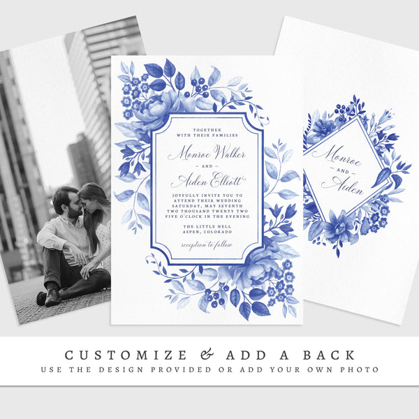 Loblolly Creative 825 - Arts & Entertainment > Party & Celebration > Party Supplies > Invitations Blue Floral Chinoiserie Wedding Invitation Template
