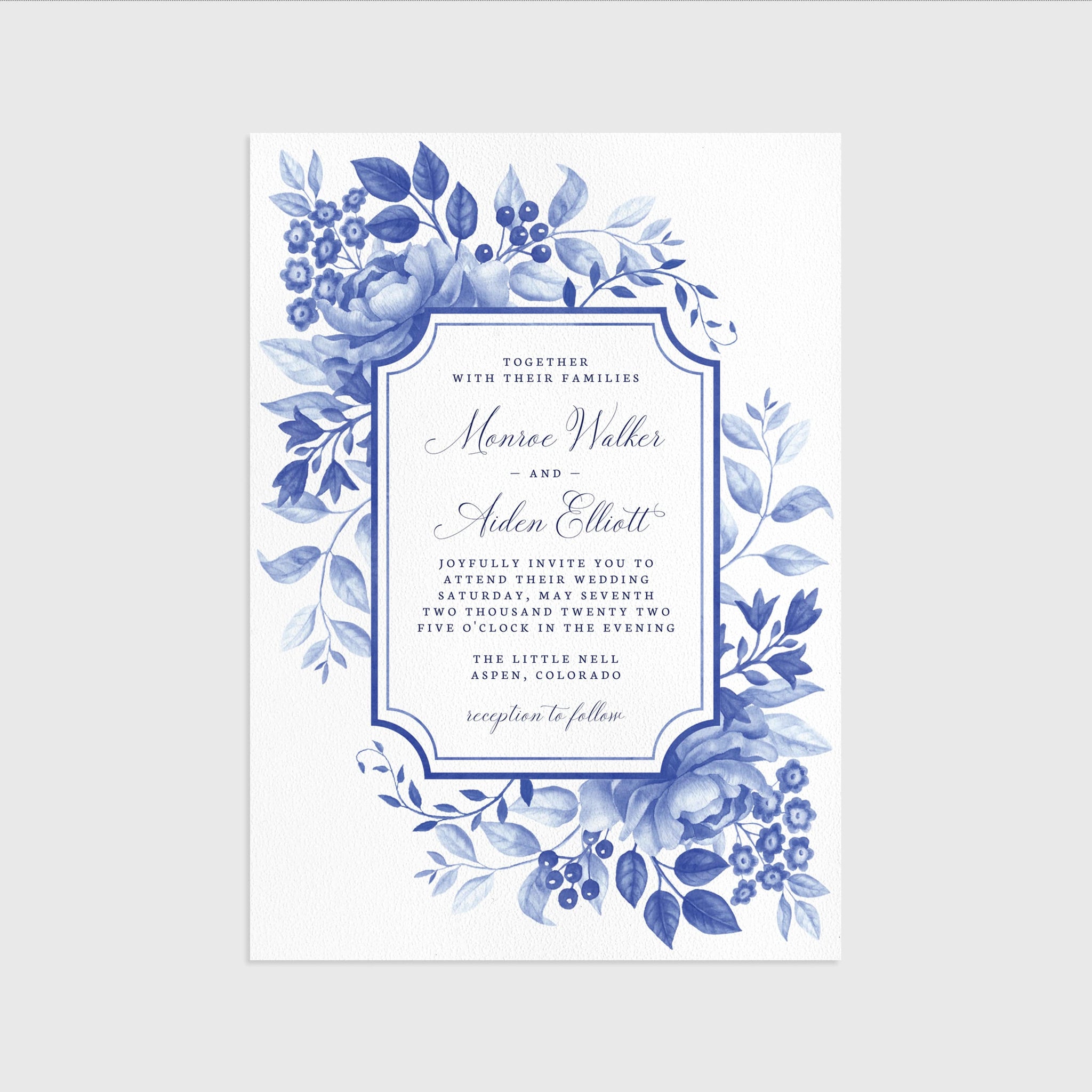Blue Floral Chinoiserie Printable Wedding Invitation Template
