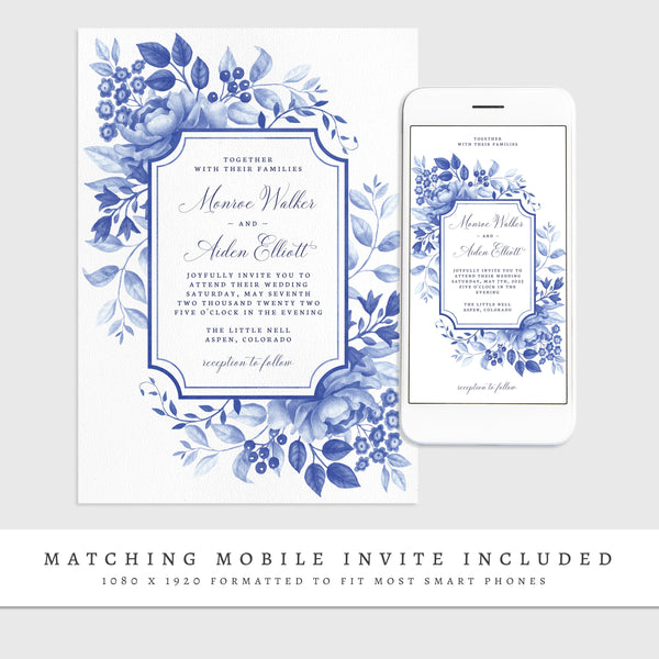Loblolly Creative 825 - Arts & Entertainment > Party & Celebration > Party Supplies > Invitations Blue Floral Chinoiserie Wedding Invitation Template