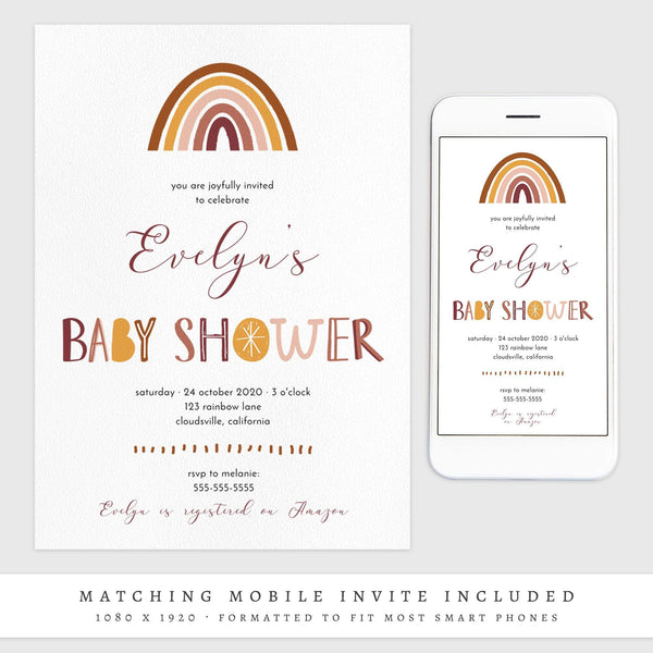 Loblolly Creative 825 - Arts & Entertainment > Party & Celebration > Party Supplies > Invitations Boho Rainbow Baby Shower Invitation