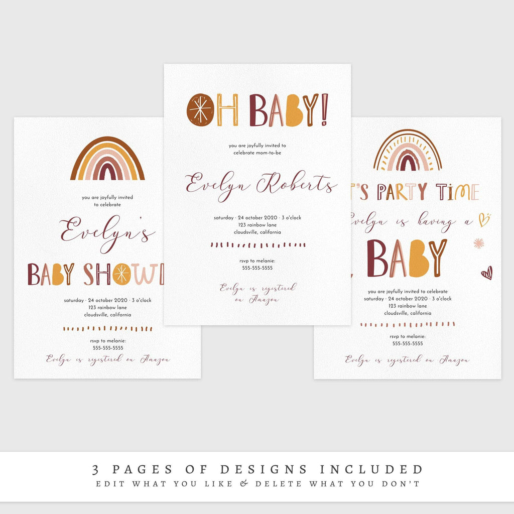 Boho Rainbow & Cloud Baby Shower Invitation - Digital Download