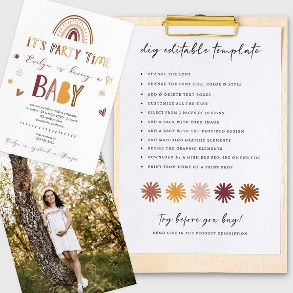 Loblolly Creative 825 - Arts & Entertainment > Party & Celebration > Party Supplies > Invitations Boho Rainbow Baby Shower Invitation