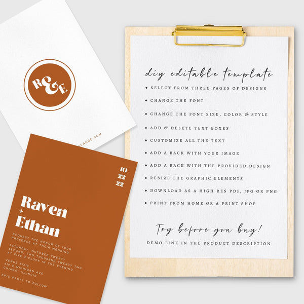 Loblolly Creative 825 - Arts & Entertainment > Party & Celebration > Party Supplies > Invitations Bold Boho Editable Wedding Invitation Template
