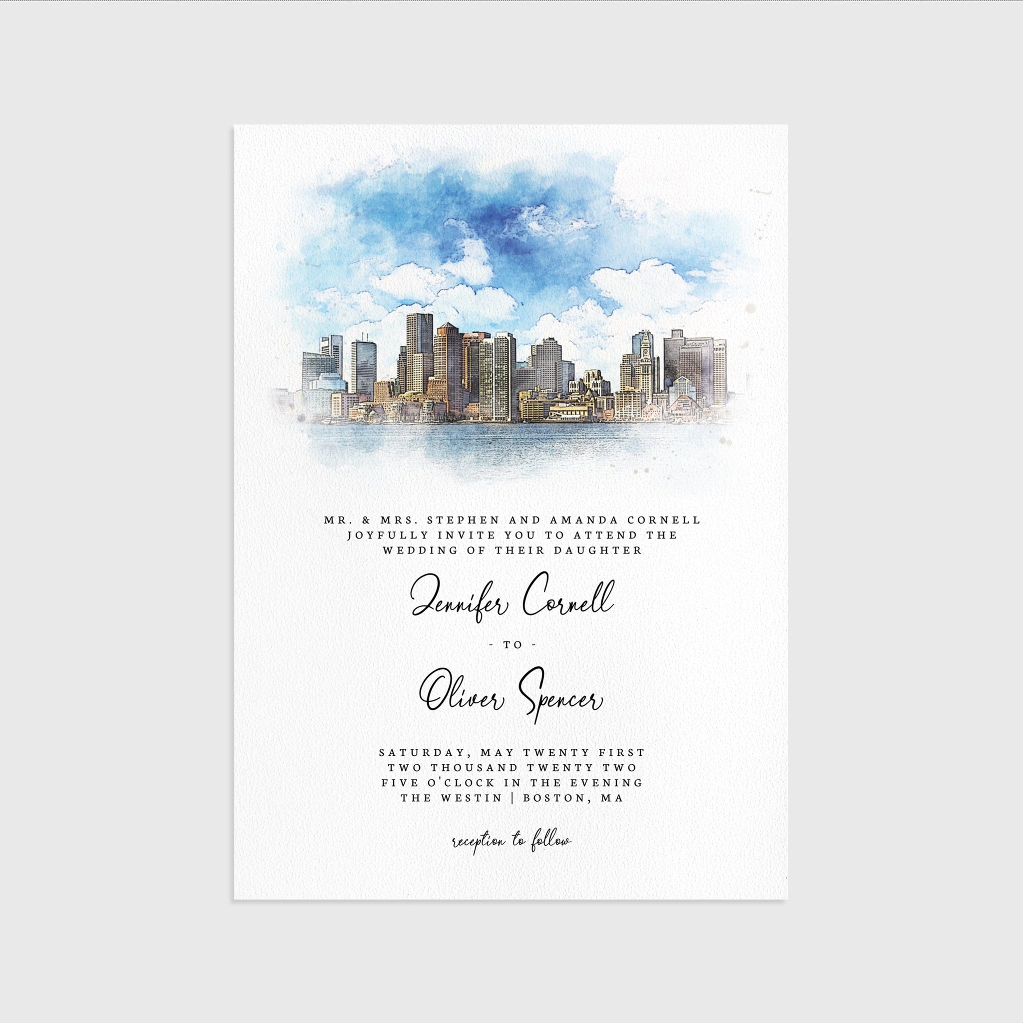 Loblolly Creative 825 - Arts & Entertainment > Party & Celebration > Party Supplies > Invitations Boston Skyline Watercolor Wedding Invitation
