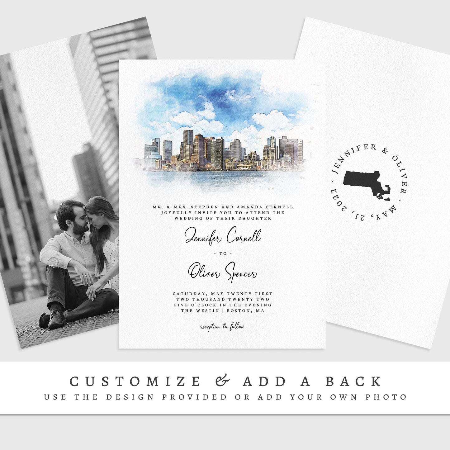Loblolly Creative 825 - Arts & Entertainment > Party & Celebration > Party Supplies > Invitations Boston Skyline Watercolor Wedding Invitation