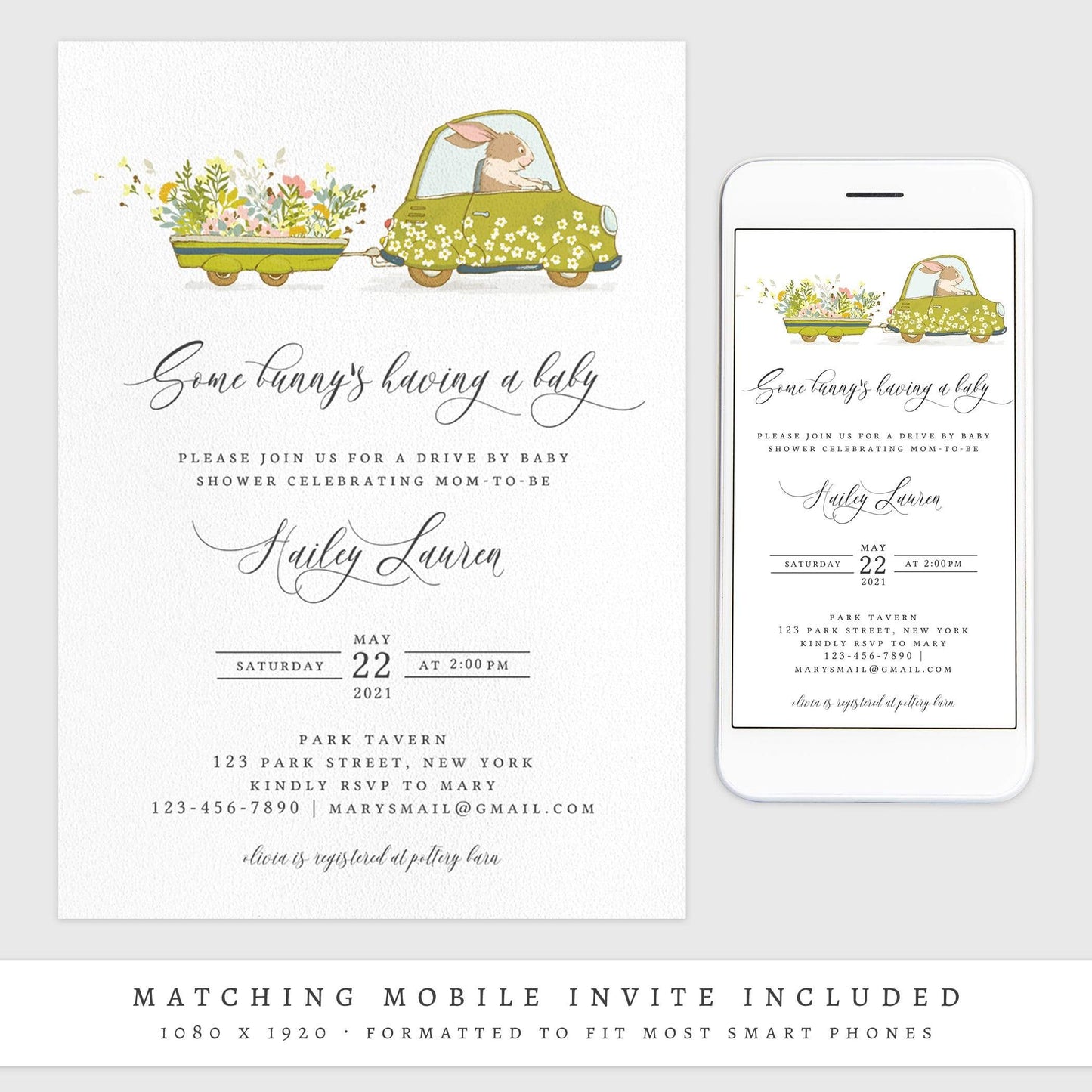 Loblolly Creative 825 - Arts & Entertainment > Party & Celebration > Party Supplies > Invitations Bunny Drive By Baby Shower Invitation