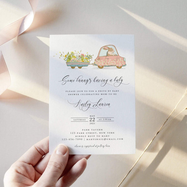 Loblolly Creative 825 - Arts & Entertainment > Party & Celebration > Party Supplies > Invitations Bunny Drive By Baby Shower Invitation