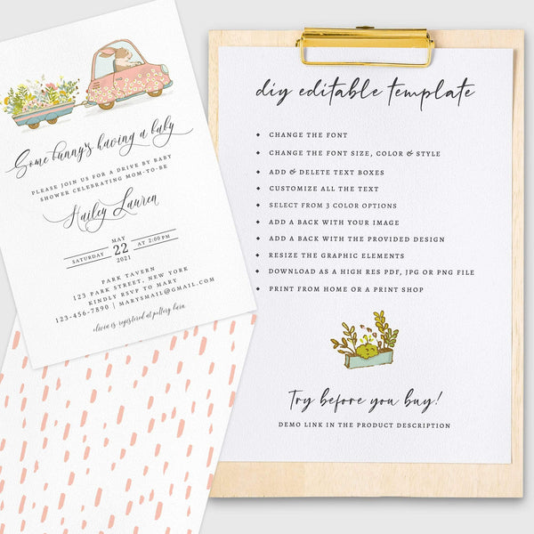 Loblolly Creative 825 - Arts & Entertainment > Party & Celebration > Party Supplies > Invitations Bunny Drive By Baby Shower Invitation