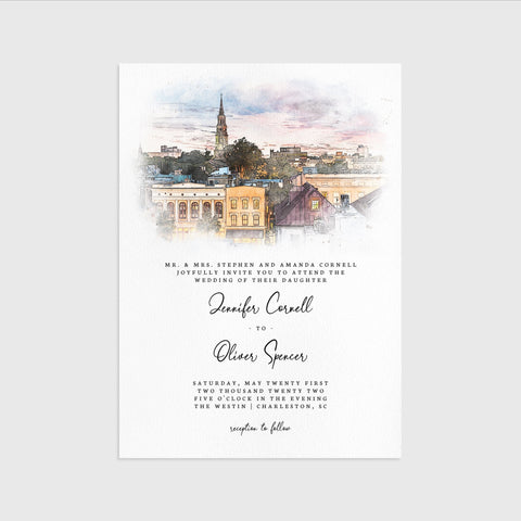 Loblolly Creative 825 - Arts & Entertainment > Party & Celebration > Party Supplies > Invitations Charleston Skyline Watercolor Wedding Invitation