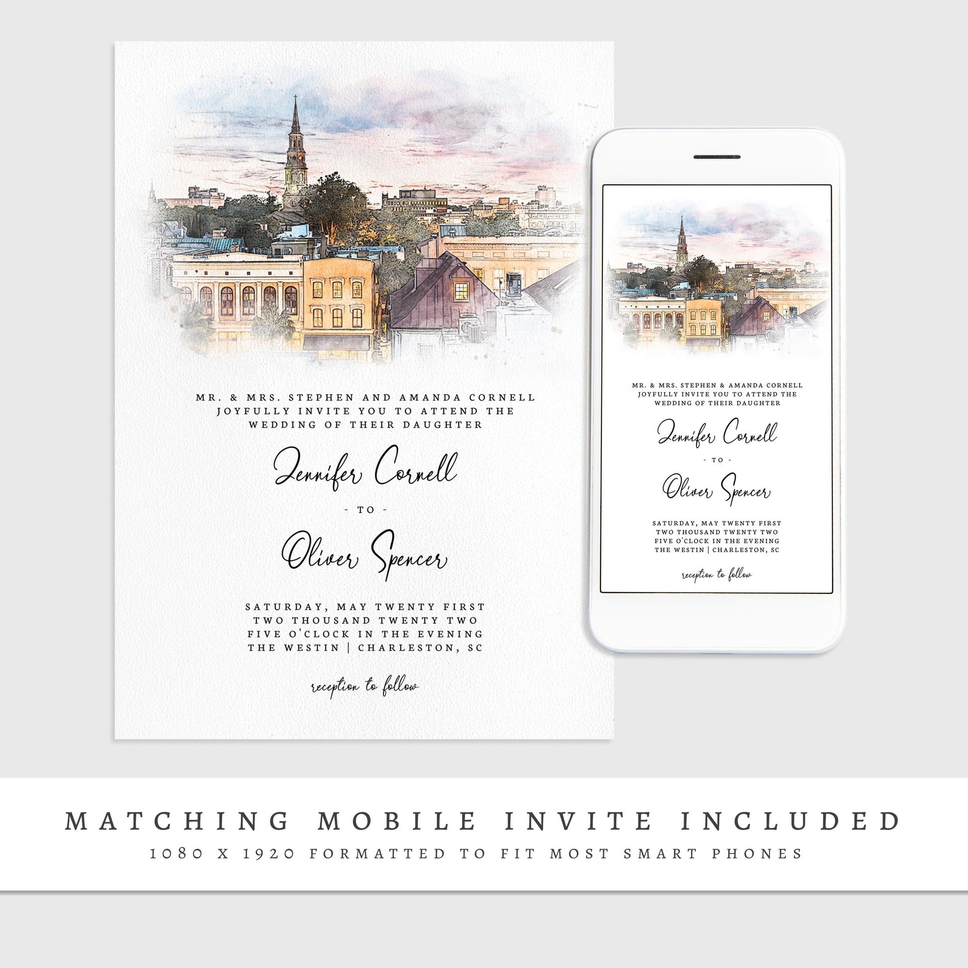 Loblolly Creative 825 - Arts & Entertainment > Party & Celebration > Party Supplies > Invitations Charleston Skyline Watercolor Wedding Invitation