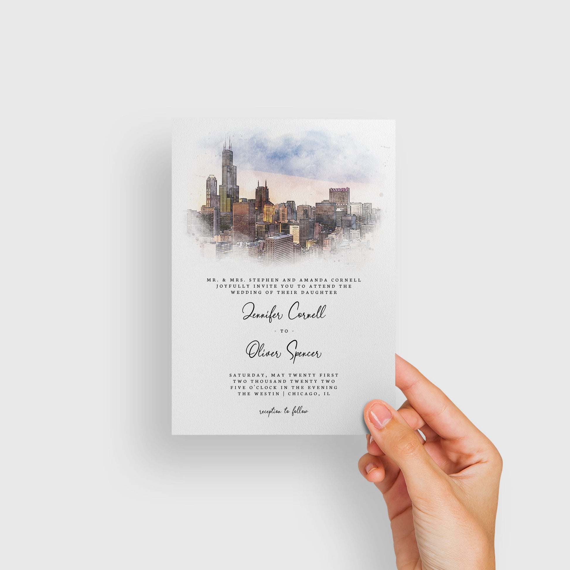 Loblolly Creative 825 - Arts & Entertainment > Party & Celebration > Party Supplies > Invitations Chicago Skyline Watercolor Wedding Invitation