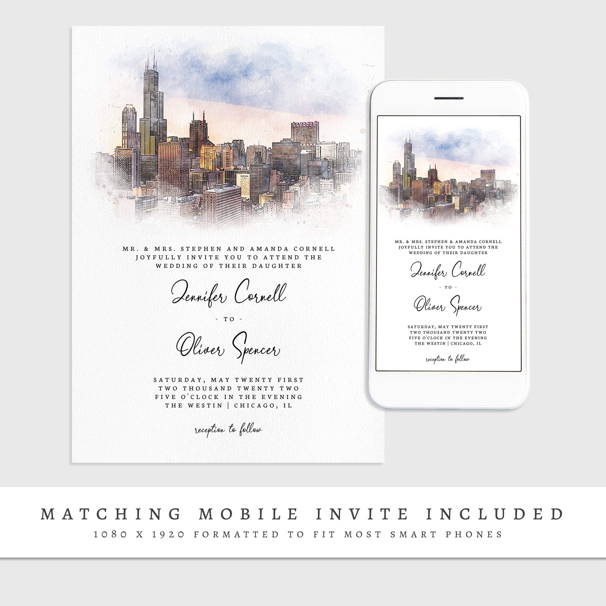 Loblolly Creative 825 - Arts & Entertainment > Party & Celebration > Party Supplies > Invitations Chicago Skyline Watercolor Wedding Invitation