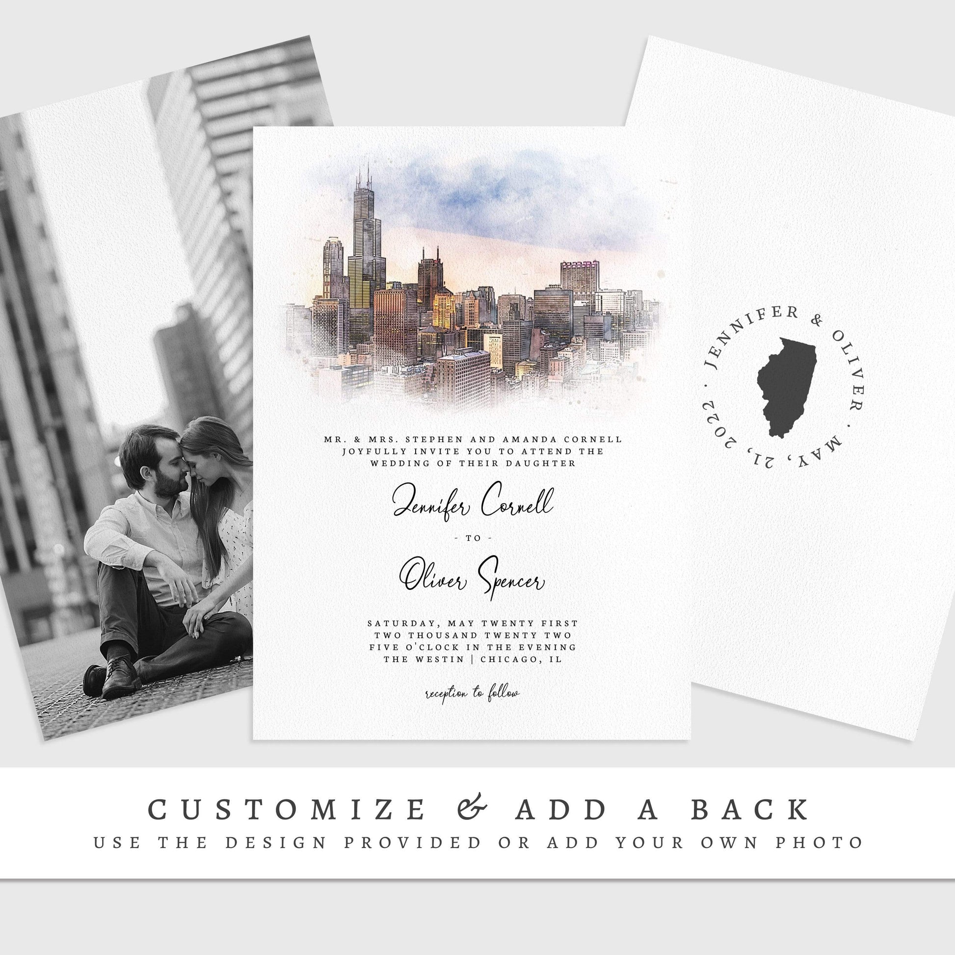 Loblolly Creative 825 - Arts & Entertainment > Party & Celebration > Party Supplies > Invitations Chicago Skyline Watercolor Wedding Invitation