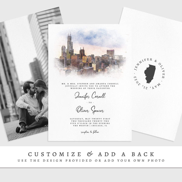 Loblolly Creative 825 - Arts & Entertainment > Party & Celebration > Party Supplies > Invitations Chicago Skyline Watercolor Wedding Invitation