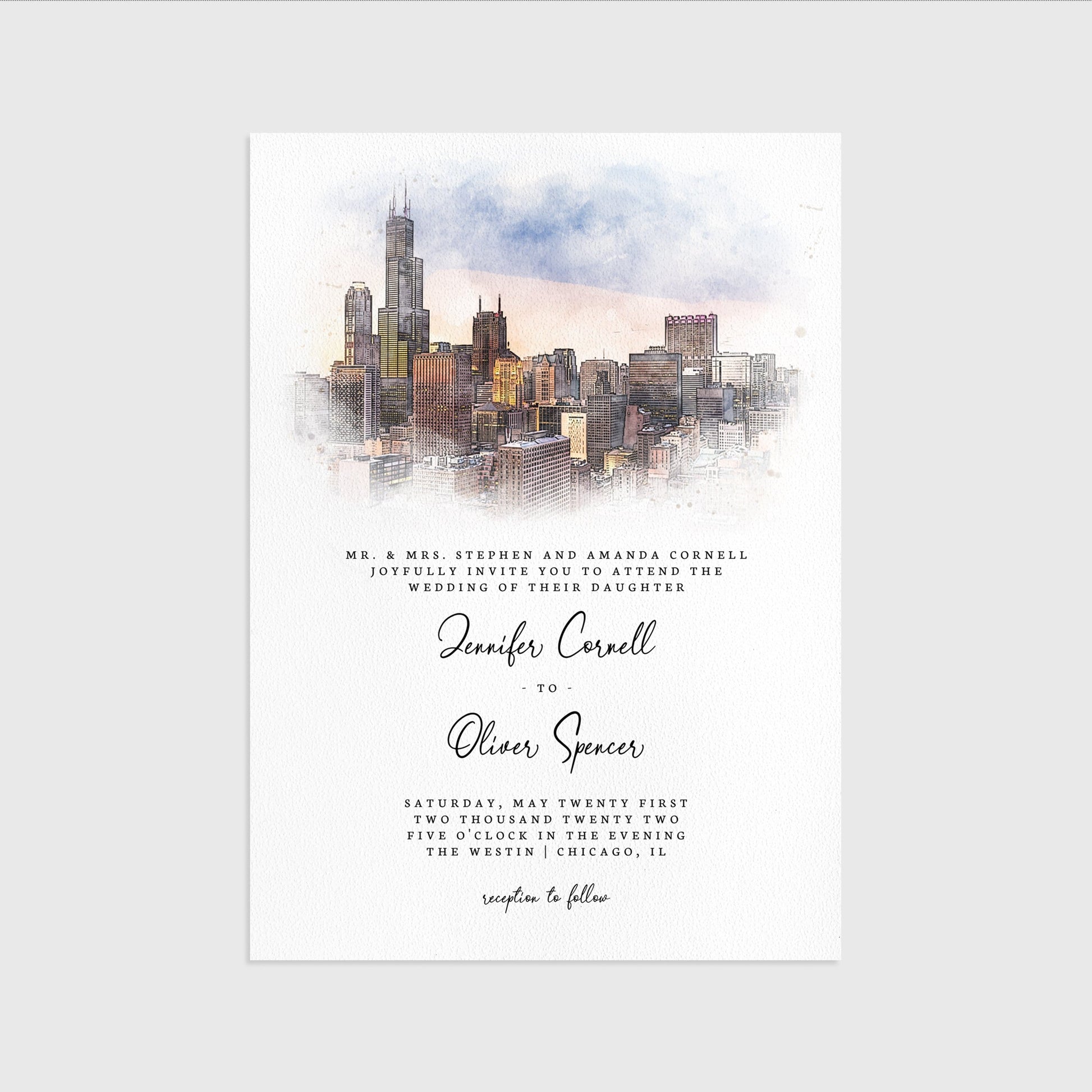 Loblolly Creative 825 - Arts & Entertainment > Party & Celebration > Party Supplies > Invitations Chicago Skyline Watercolor Wedding Invitation