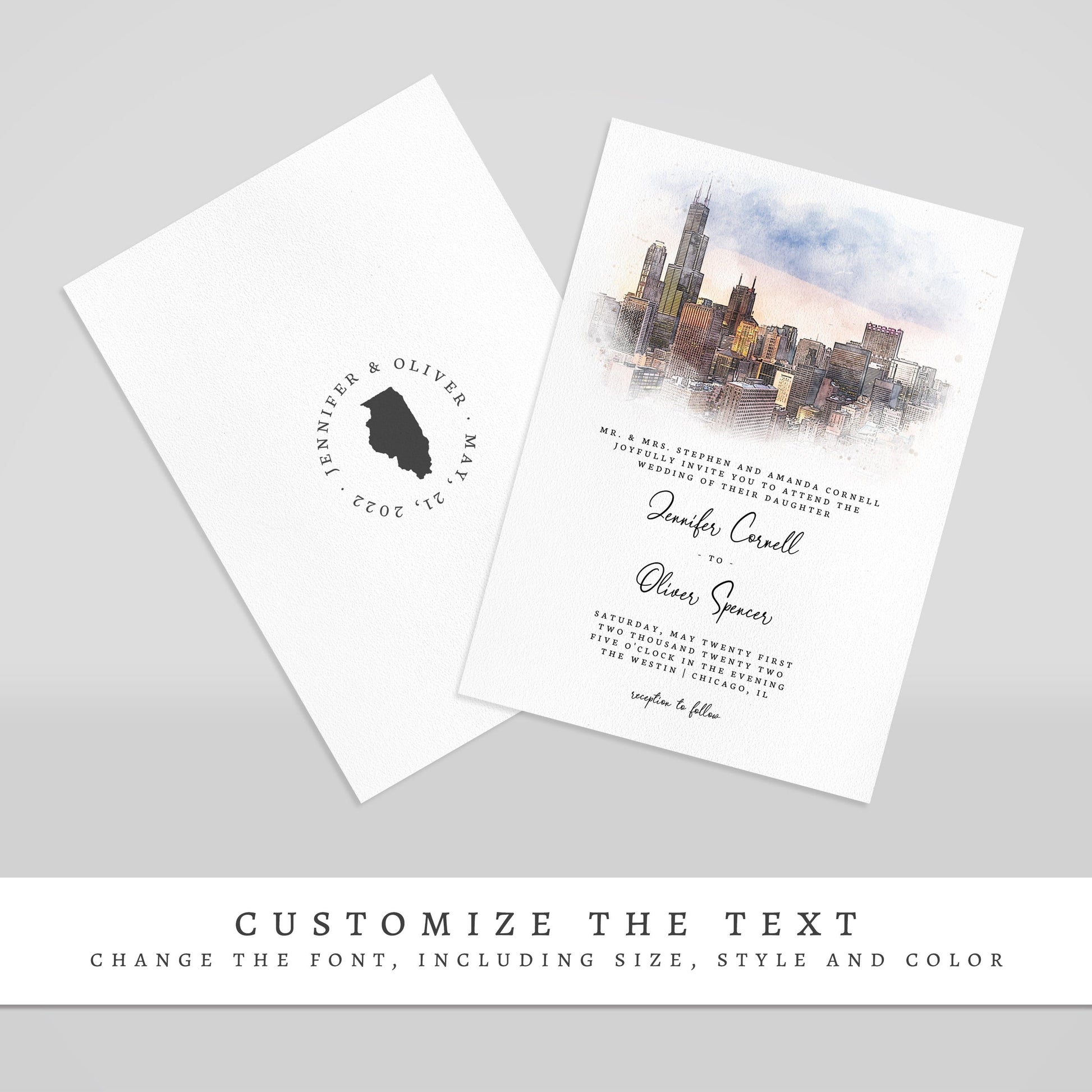 Loblolly Creative 825 - Arts & Entertainment > Party & Celebration > Party Supplies > Invitations Chicago Skyline Watercolor Wedding Invitation