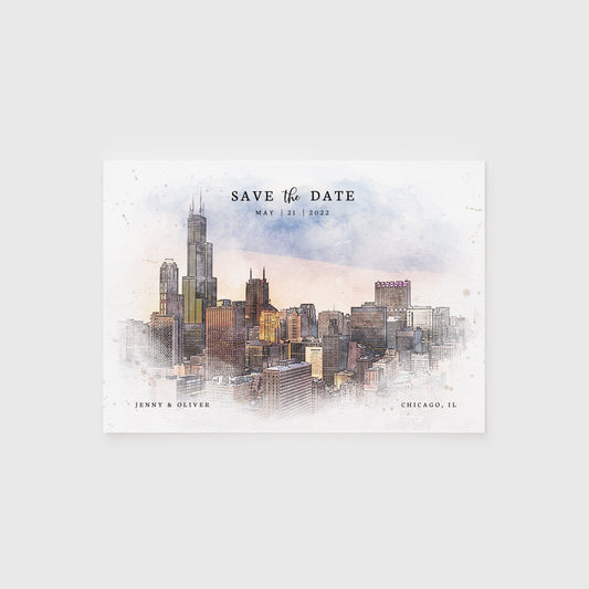 Loblolly Creative 825 - Arts & Entertainment > Party & Celebration > Party Supplies > Invitations Chicago Skyline Watercolor Wedding Save the Date
