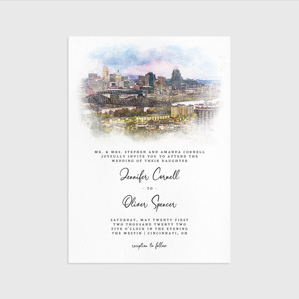 Loblolly Creative 825 - Arts & Entertainment > Party & Celebration > Party Supplies > Invitations Cincinnati Skyline Watercolor Wedding Invitation