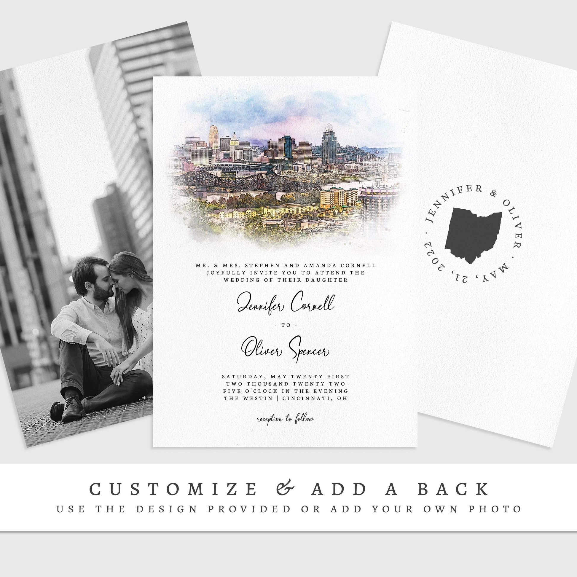 Loblolly Creative 825 - Arts & Entertainment > Party & Celebration > Party Supplies > Invitations Cincinnati Skyline Watercolor Wedding Invitation