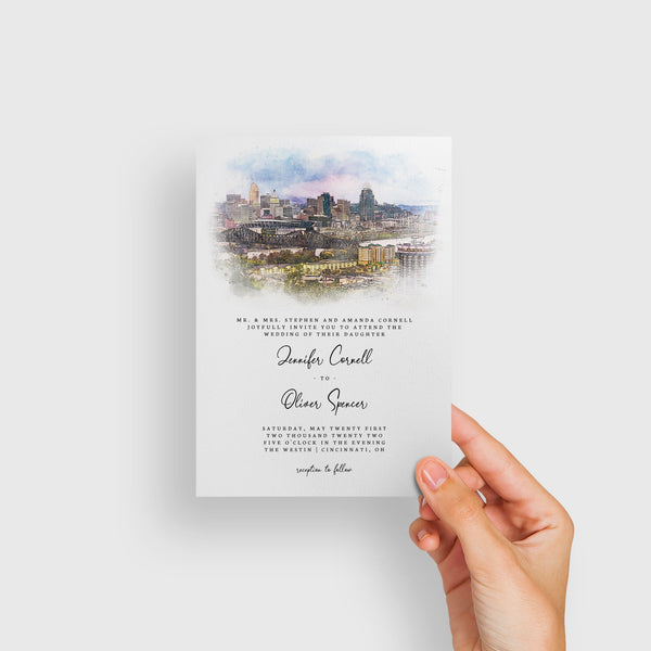 Loblolly Creative 825 - Arts & Entertainment > Party & Celebration > Party Supplies > Invitations Cincinnati Skyline Watercolor Wedding Invitation
