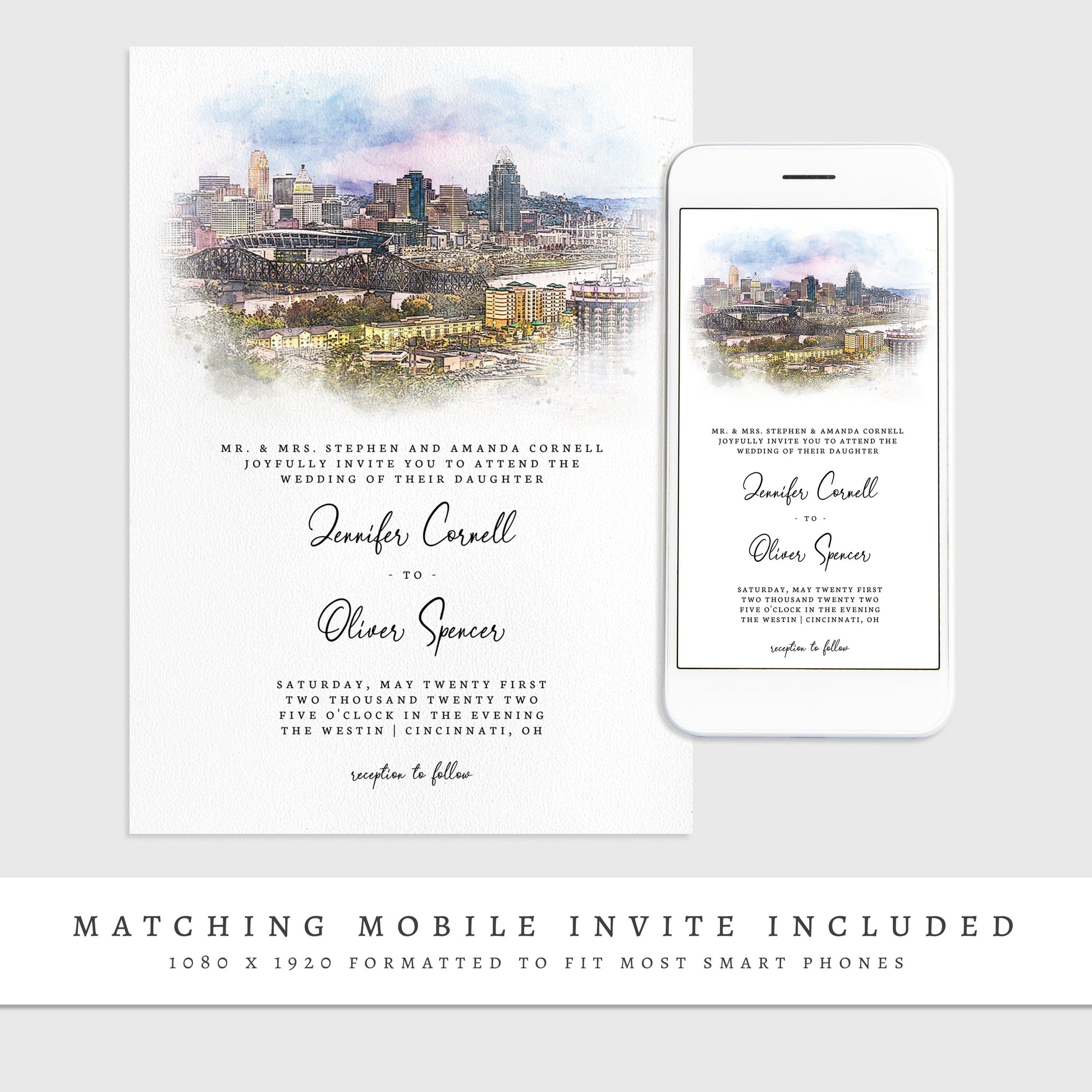 Loblolly Creative 825 - Arts & Entertainment > Party & Celebration > Party Supplies > Invitations Cincinnati Skyline Watercolor Wedding Invitation