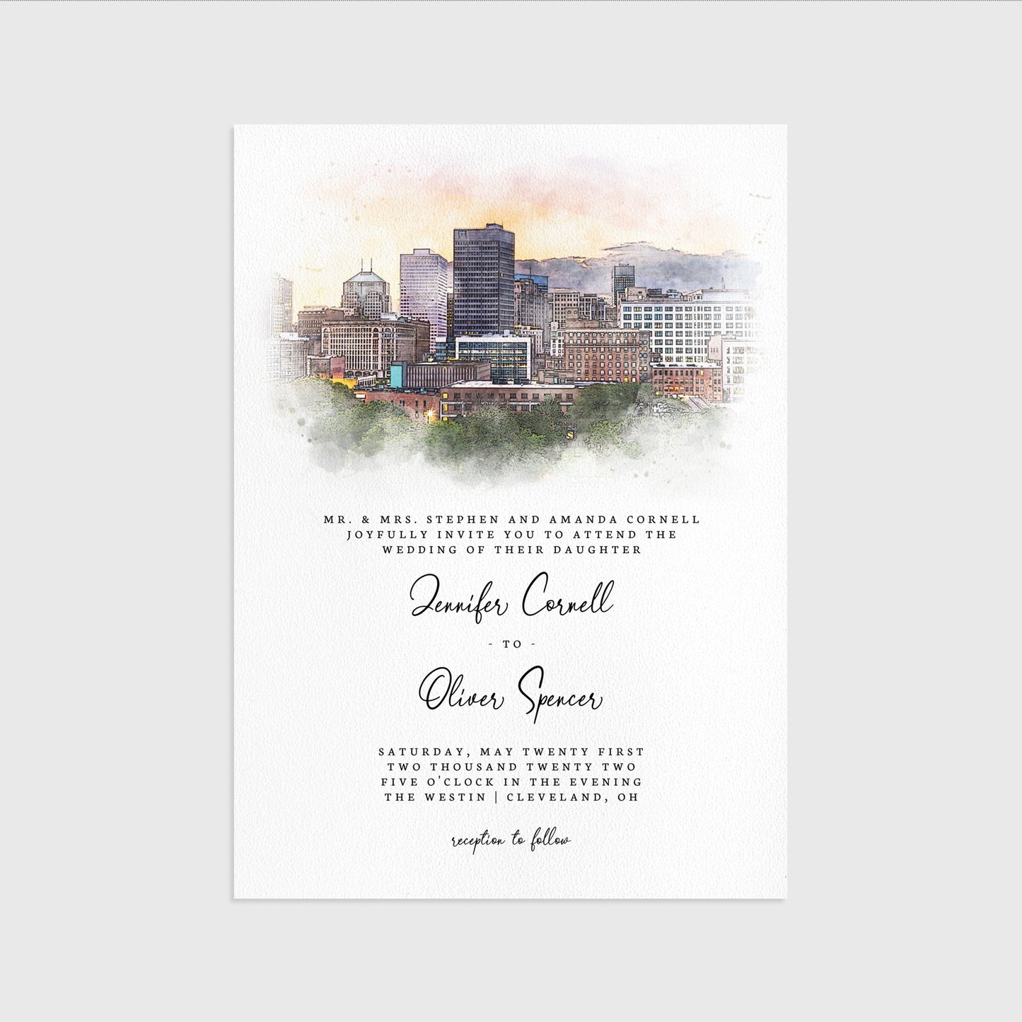 Loblolly Creative 825 - Arts & Entertainment > Party & Celebration > Party Supplies > Invitations Cleveland Skyline Watercolor Wedding Invitation