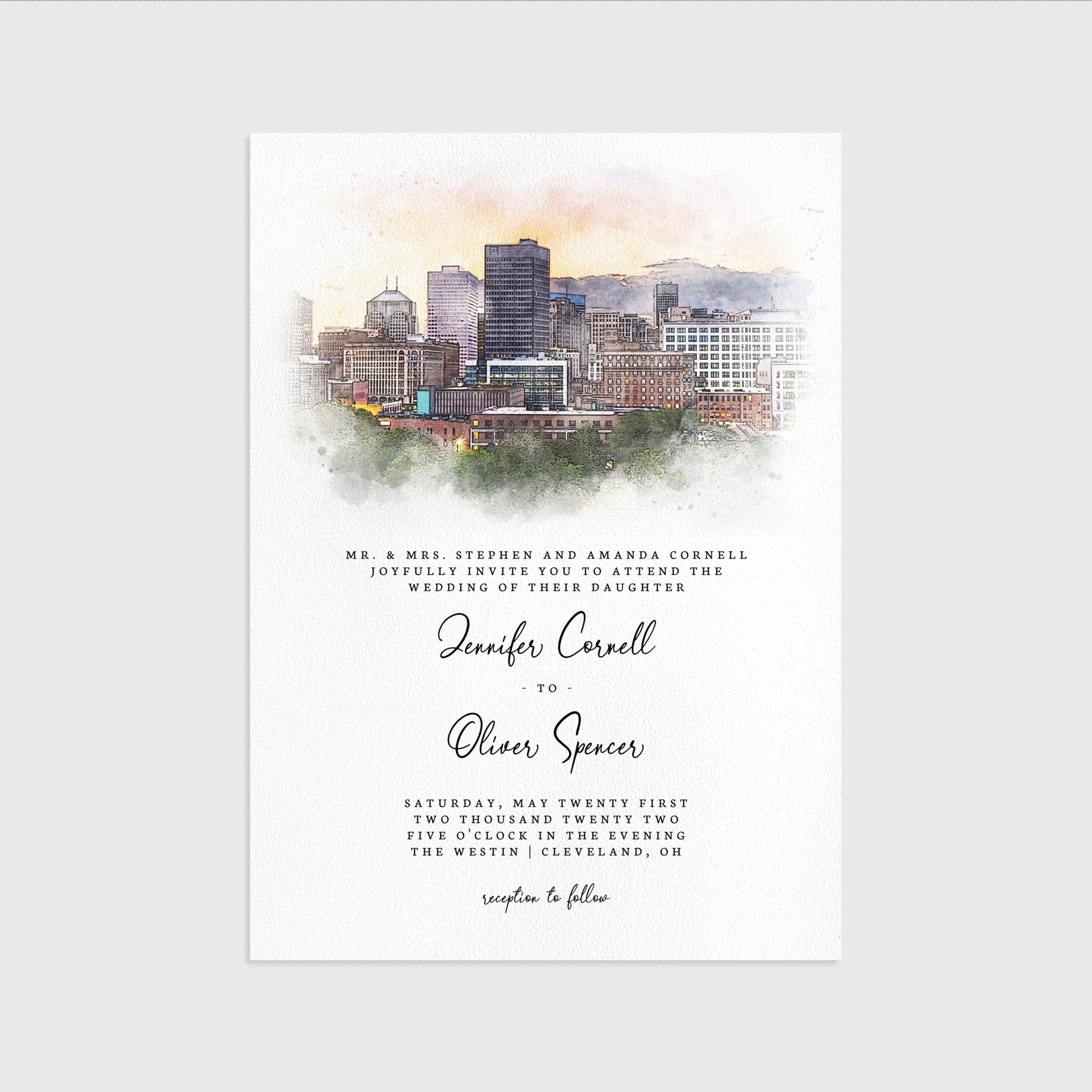 Loblolly Creative 825 - Arts & Entertainment > Party & Celebration > Party Supplies > Invitations Cleveland Skyline Watercolor Wedding Invitation