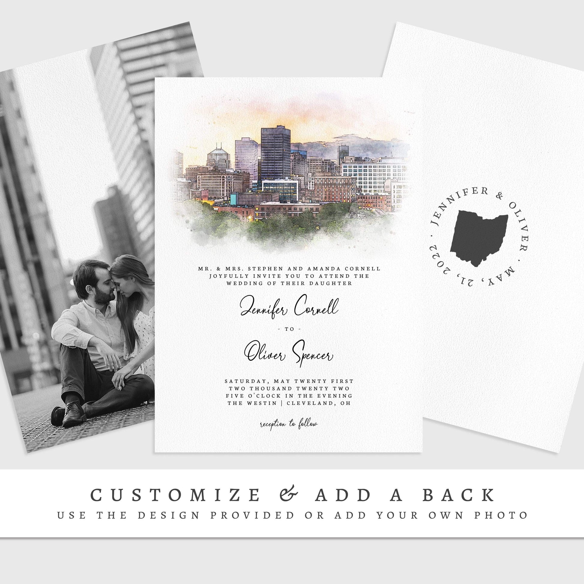 Loblolly Creative 825 - Arts & Entertainment > Party & Celebration > Party Supplies > Invitations Cleveland Skyline Watercolor Wedding Invitation