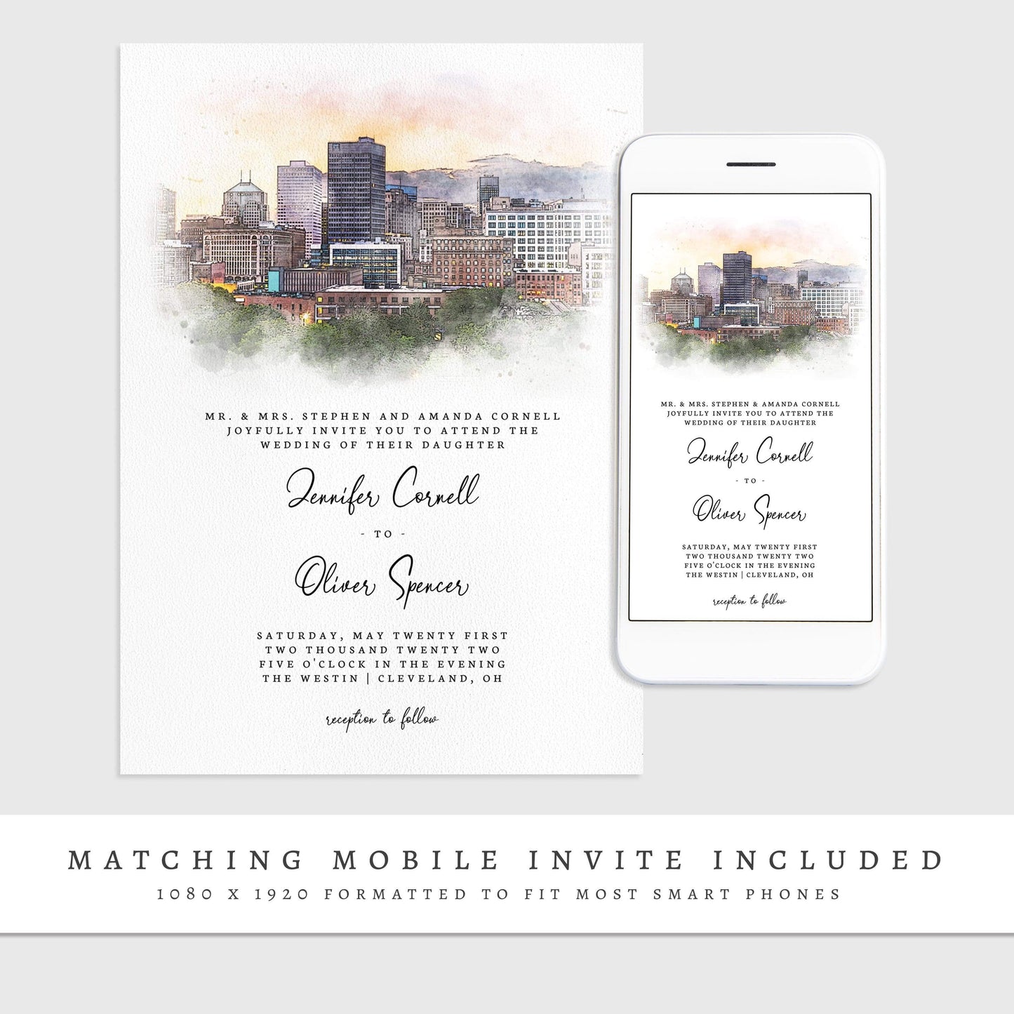 Loblolly Creative 825 - Arts & Entertainment > Party & Celebration > Party Supplies > Invitations Cleveland Skyline Watercolor Wedding Invitation