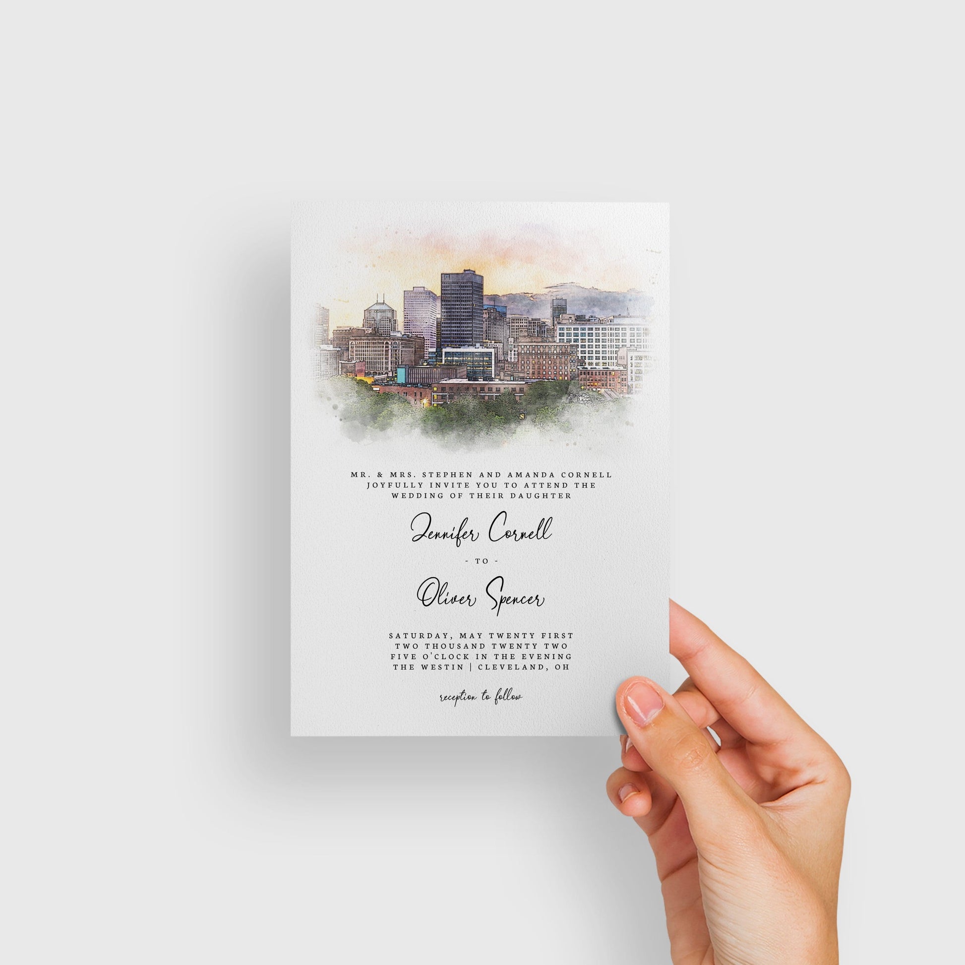Loblolly Creative 825 - Arts & Entertainment > Party & Celebration > Party Supplies > Invitations Cleveland Skyline Watercolor Wedding Invitation