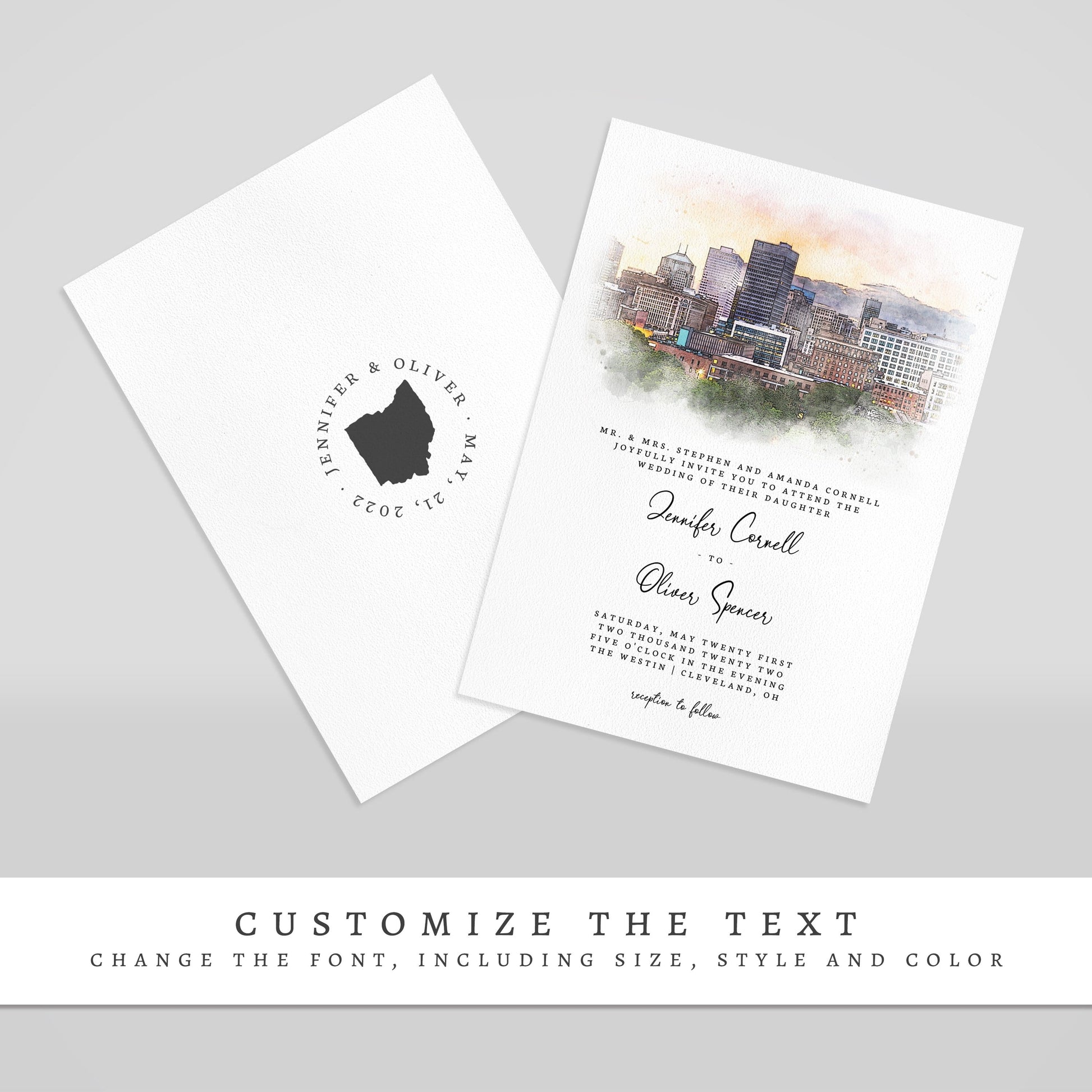 Loblolly Creative 825 - Arts & Entertainment > Party & Celebration > Party Supplies > Invitations Cleveland Skyline Watercolor Wedding Invitation