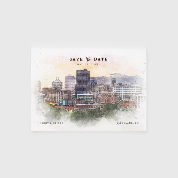Loblolly Creative 825 - Arts & Entertainment > Party & Celebration > Party Supplies > Invitations Cleveland Skyline Watercolor Wedding Save the Date