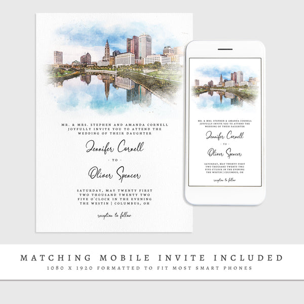 Loblolly Creative 825 - Arts & Entertainment > Party & Celebration > Party Supplies > Invitations Columbus Skyline Watercolor Wedding Invitation