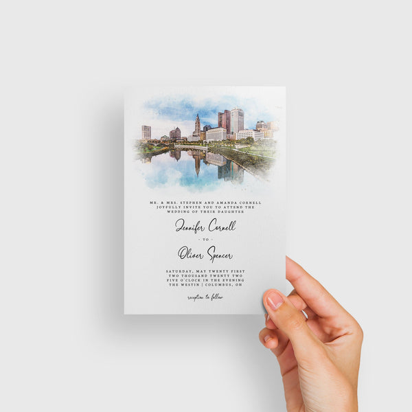Loblolly Creative 825 - Arts & Entertainment > Party & Celebration > Party Supplies > Invitations Columbus Skyline Watercolor Wedding Invitation