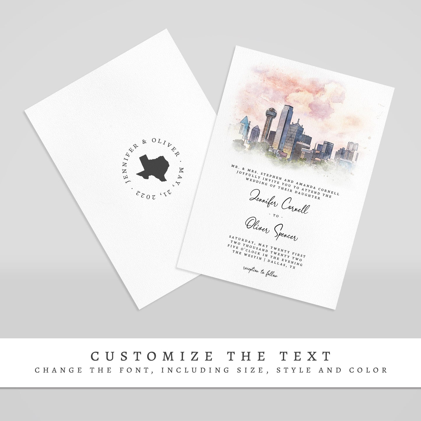 Loblolly Creative 825 - Arts & Entertainment > Party & Celebration > Party Supplies > Invitations Dallas Skyline Watercolor Wedding Invitation