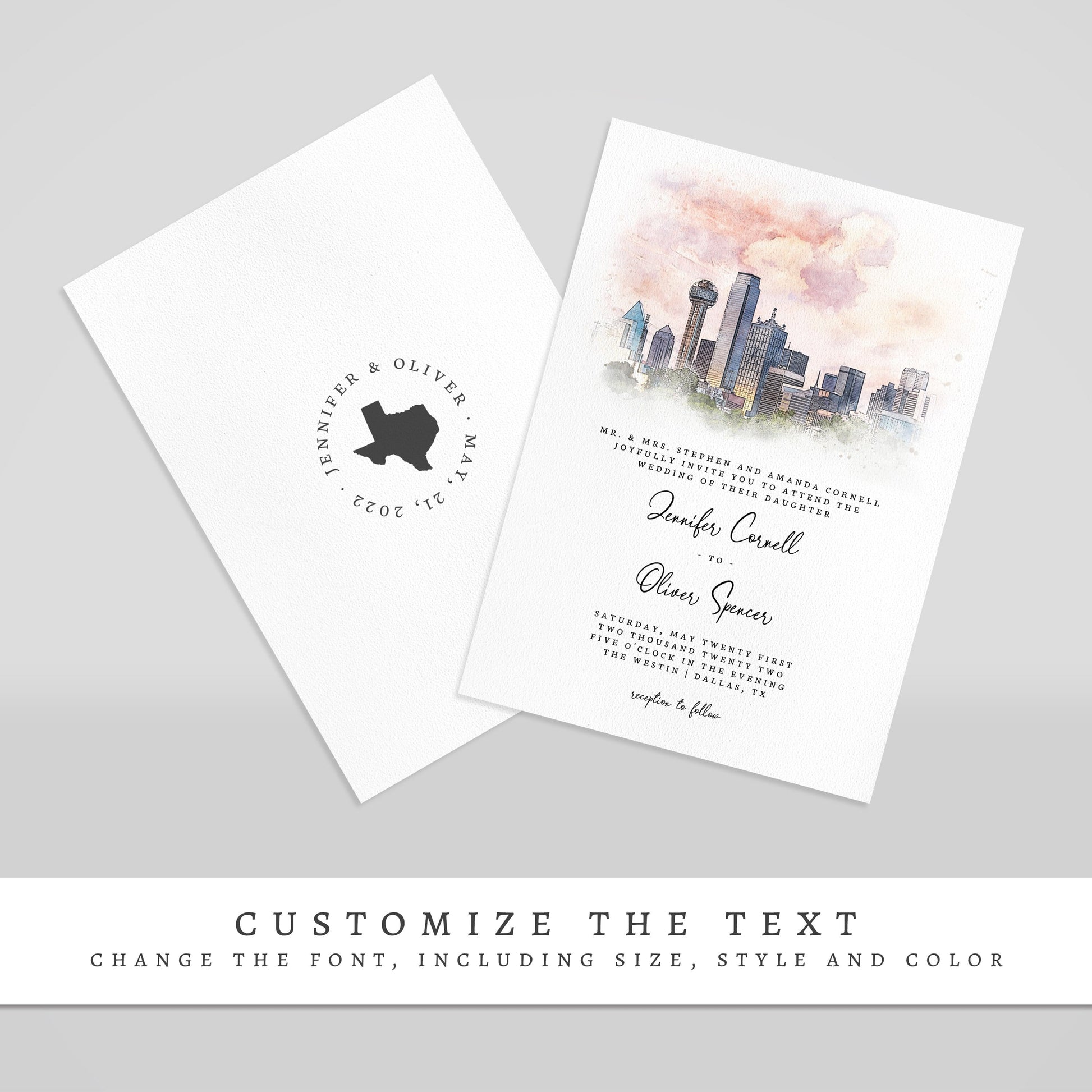 Loblolly Creative 825 - Arts & Entertainment > Party & Celebration > Party Supplies > Invitations Dallas Skyline Watercolor Wedding Invitation