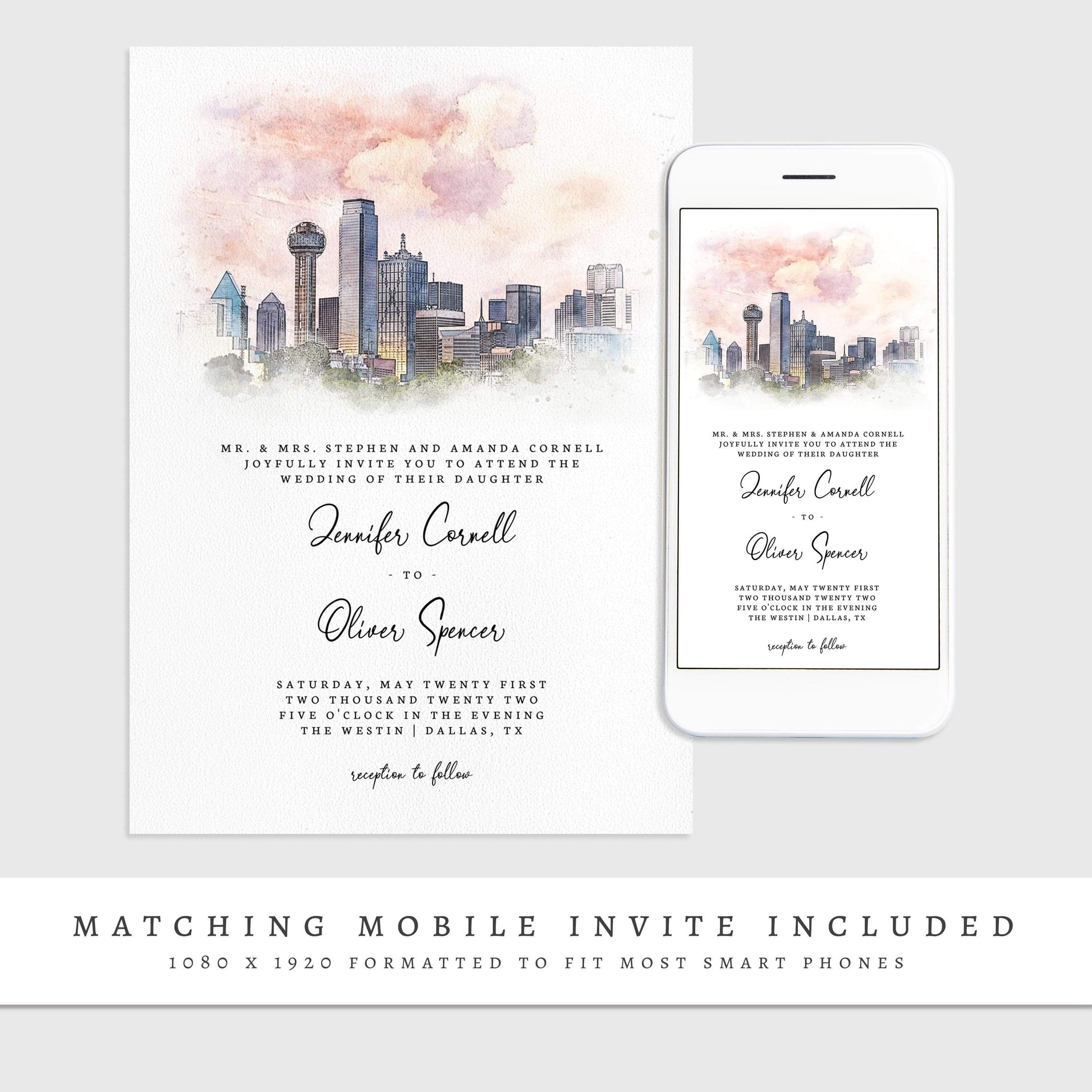 Loblolly Creative 825 - Arts & Entertainment > Party & Celebration > Party Supplies > Invitations Dallas Skyline Watercolor Wedding Invitation