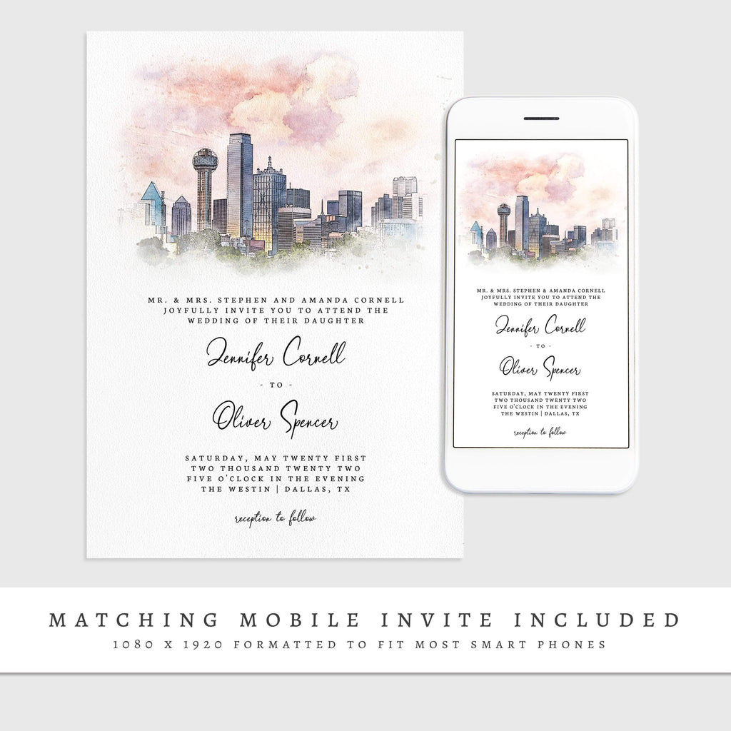 Editable Dallas Skyline Watercolor Printable Wedding Invitation