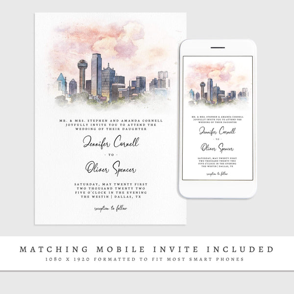 Loblolly Creative 825 - Arts & Entertainment > Party & Celebration > Party Supplies > Invitations Dallas Skyline Watercolor Wedding Invitation