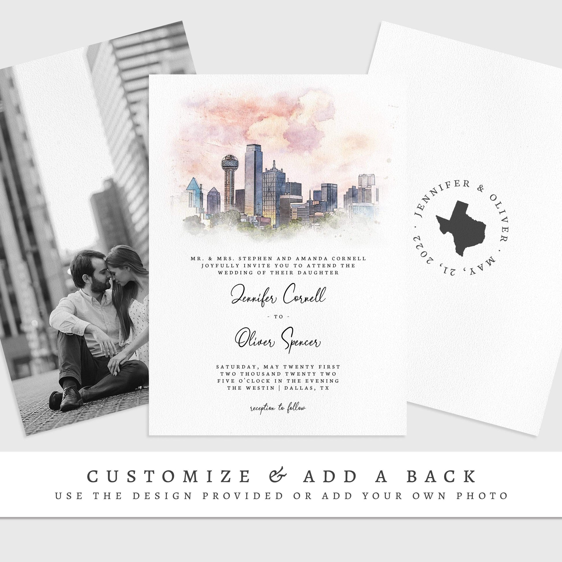 Loblolly Creative 825 - Arts & Entertainment > Party & Celebration > Party Supplies > Invitations Dallas Skyline Watercolor Wedding Invitation