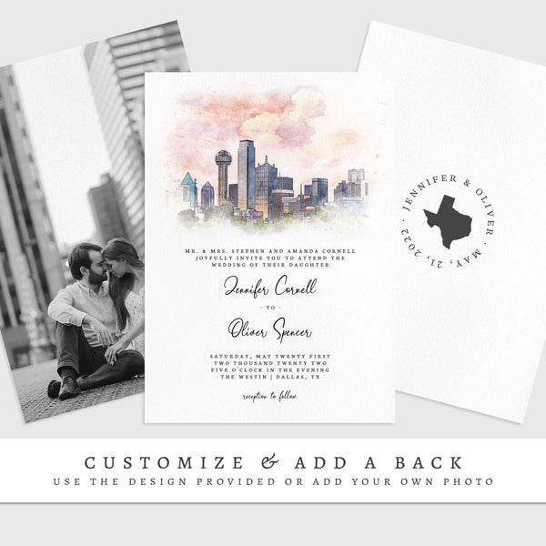 Loblolly Creative 825 - Arts & Entertainment > Party & Celebration > Party Supplies > Invitations Dallas Skyline Watercolor Wedding Invitation