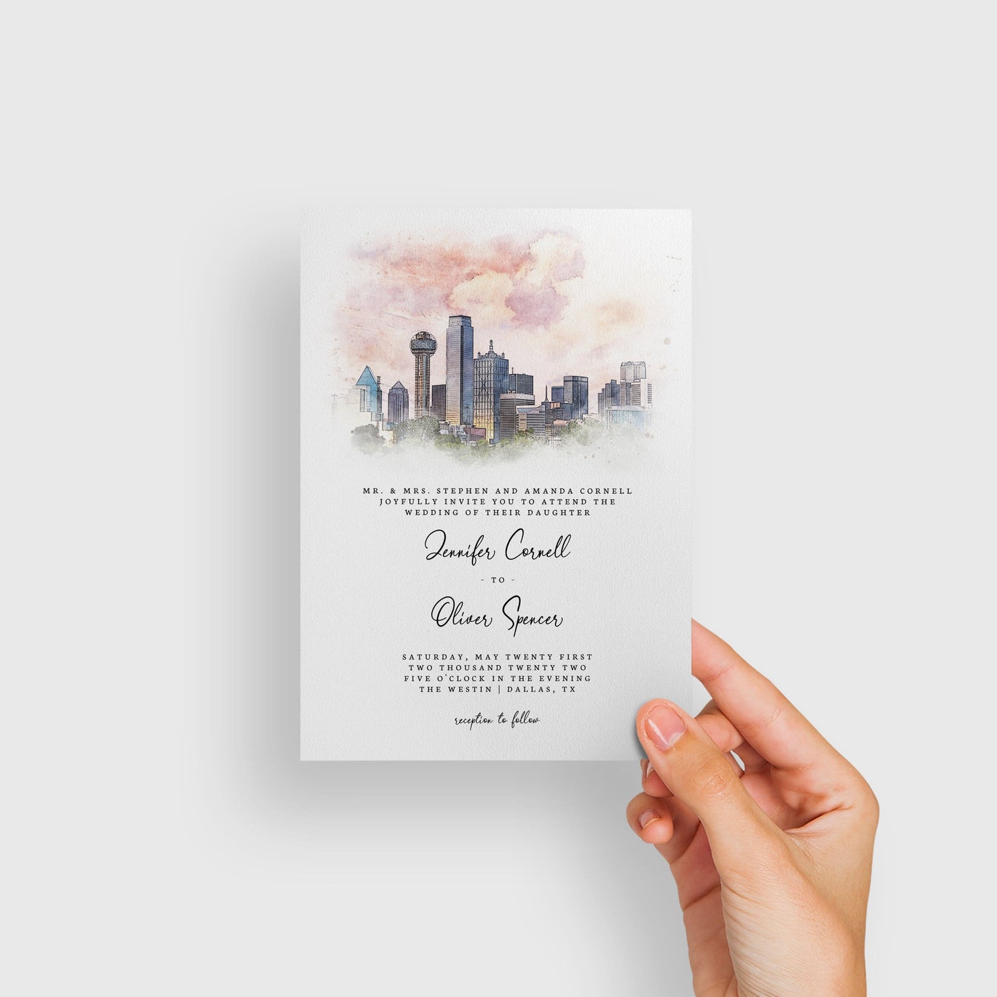 Loblolly Creative 825 - Arts & Entertainment > Party & Celebration > Party Supplies > Invitations Dallas Skyline Watercolor Wedding Invitation