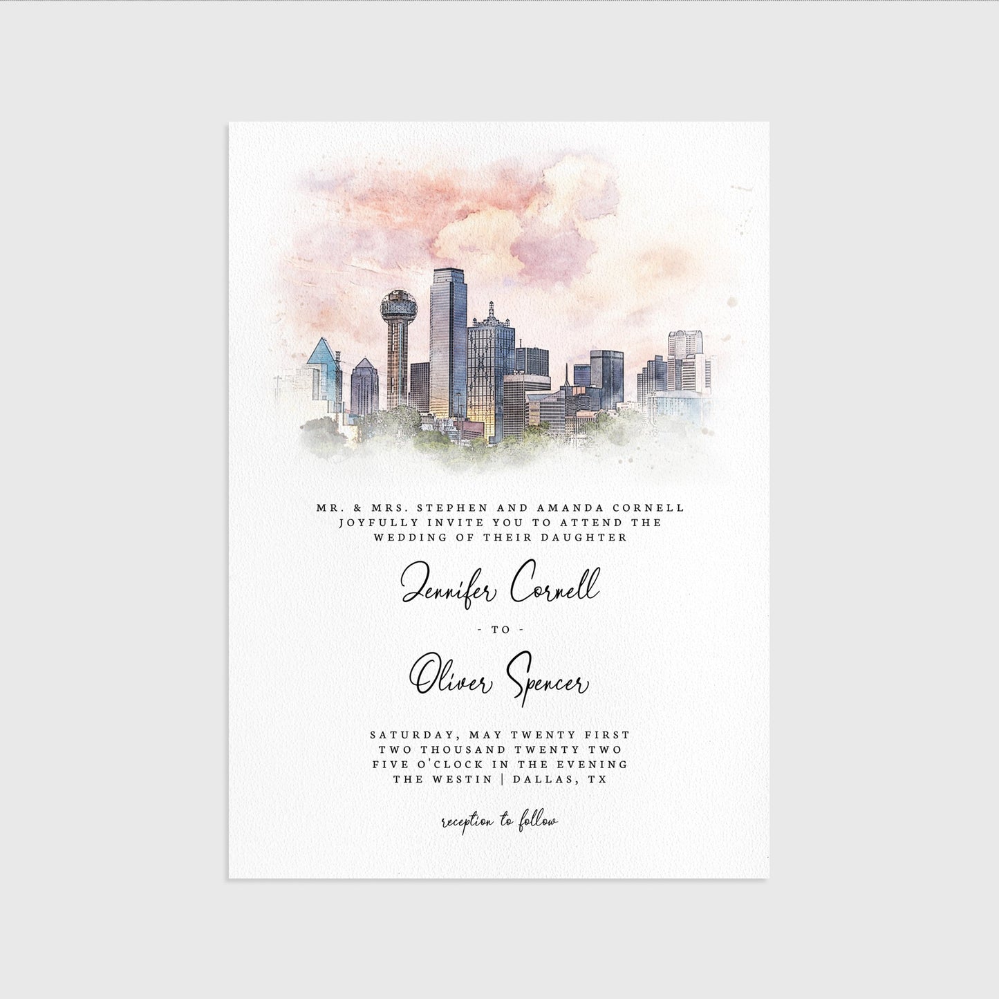 Loblolly Creative 825 - Arts & Entertainment > Party & Celebration > Party Supplies > Invitations Dallas Skyline Watercolor Wedding Invitation