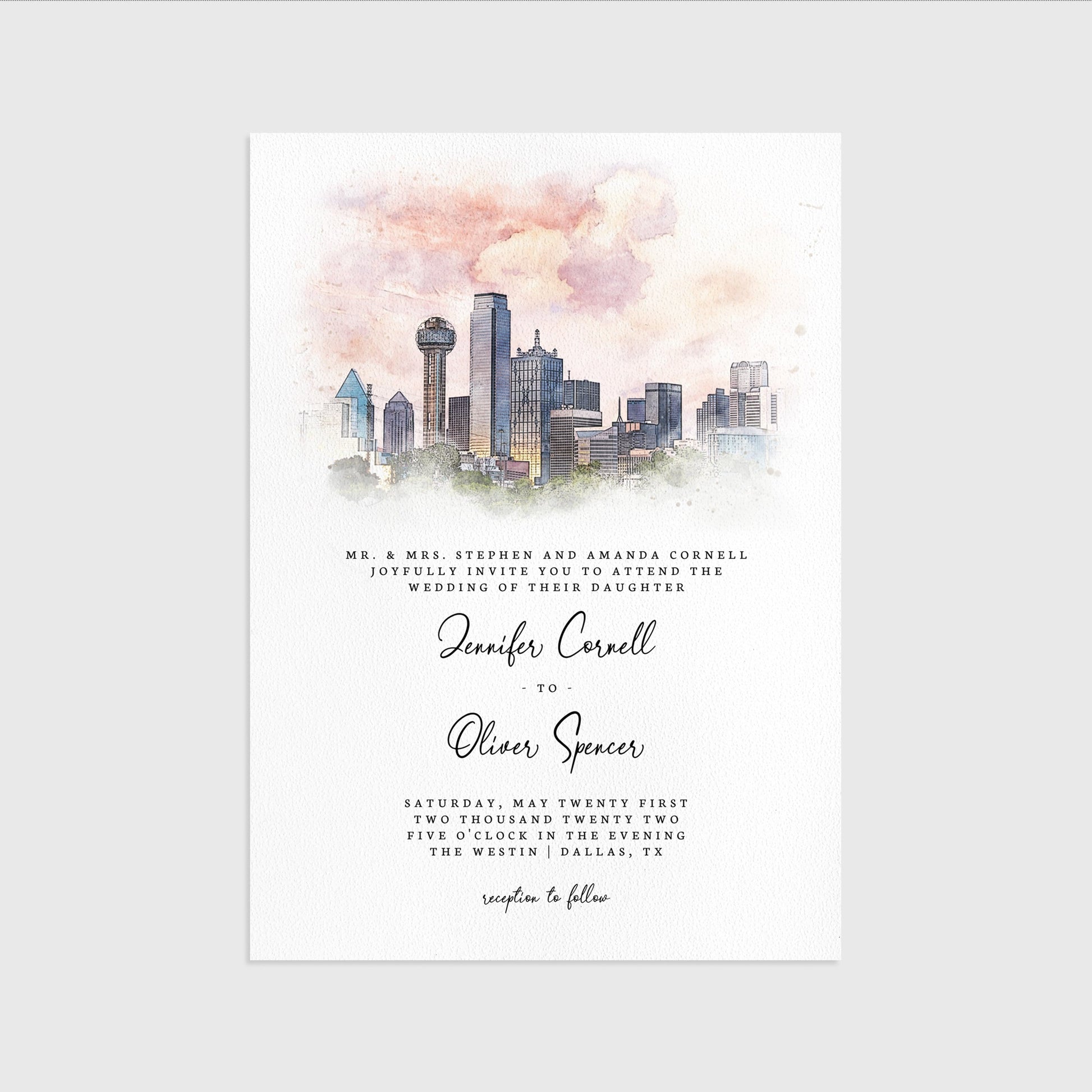 Loblolly Creative 825 - Arts & Entertainment > Party & Celebration > Party Supplies > Invitations Dallas Skyline Watercolor Wedding Invitation