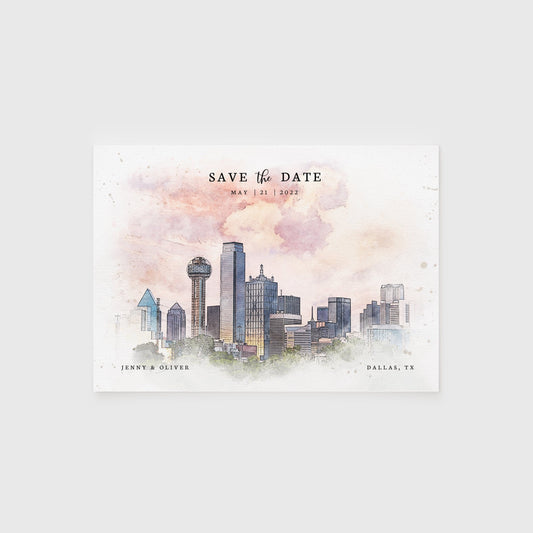 Loblolly Creative 825 - Arts & Entertainment > Party & Celebration > Party Supplies > Invitations Dallas Skyline Watercolor Wedding Save the Date
