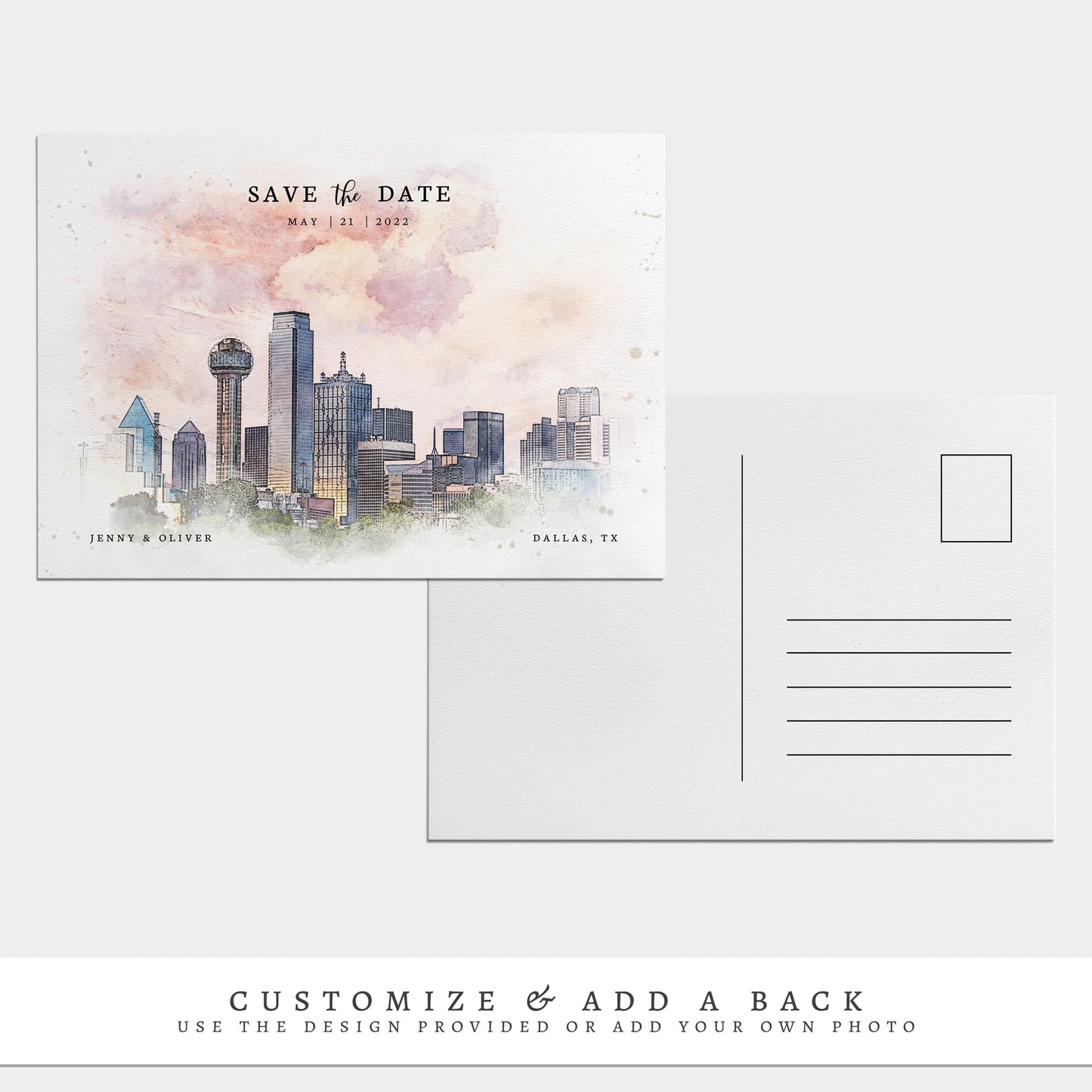 Loblolly Creative 825 - Arts & Entertainment > Party & Celebration > Party Supplies > Invitations Dallas Skyline Watercolor Wedding Save the Date