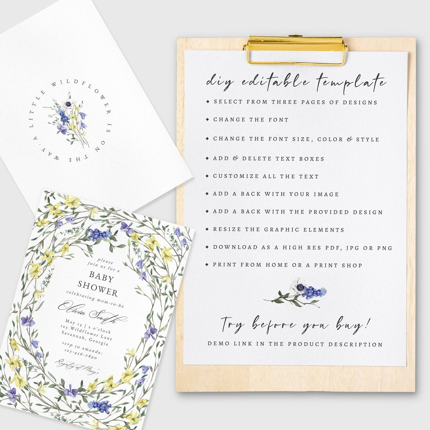 Loblolly Creative 825 - Arts & Entertainment > Party & Celebration > Party Supplies > Invitations Delicate Wildflower Baby Shower Invitation Template